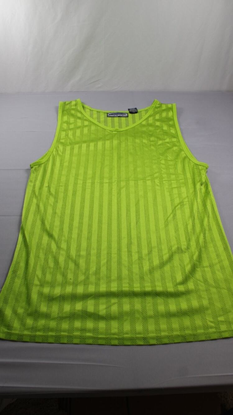 Ignition Mesh Tank Top Y2K 1990s Mens L Green Striped Sleeveless V-Neck Sheer